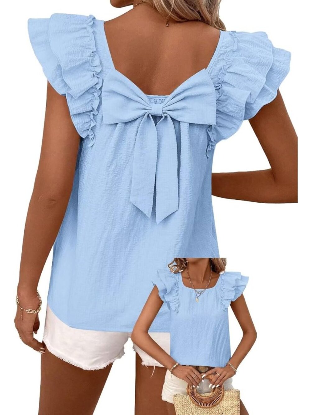 Chic Women's Babydoll Top with Bow Tie Back, V-Neck & Ruffle Short Sleeves